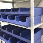 Small parts shelving 2100x1000x400, 32 bins 400x230x150 PPS +16 dividers