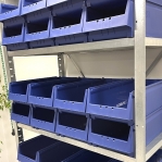 Small parts shelving 2100x1000x500, 32 bins 500x230x150 PPS +16 dividers