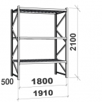 Metallihylly perusosa 2100x1800x500 480kg/hyllytaso,3 tasoa lastulevytasoilla