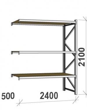 Metallihylly jatko-osa 2100x2400x500 300kg/hyllytaso,3 tasoa lastulevytasoilla