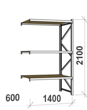 Metallihylly jatko-osa 2100x1400x600 600kg/hyllytaso,3 tasoa lastulevytasoilla