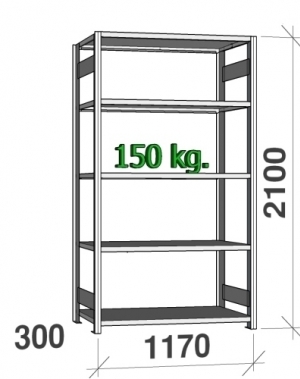 Varastohylly perusosa 2100x1170x300 150kg/hylly,5 tasoa käytetty