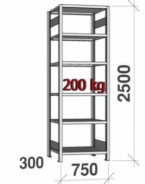 Starter bay 2500x750x300 200kg/shelf,6 shelves USED